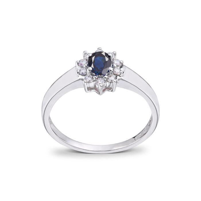 Diamonds by Frisenberg - Ring i hvitt gull - Safir med diamanter rundt - Totalt 0,14 ct