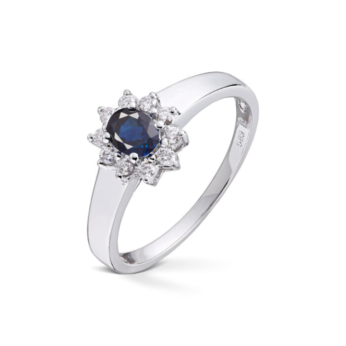 Diamonds by Frisenberg - Ring i hvitt gull - Safir med diamanter rundt - Totalt 0,14 ct