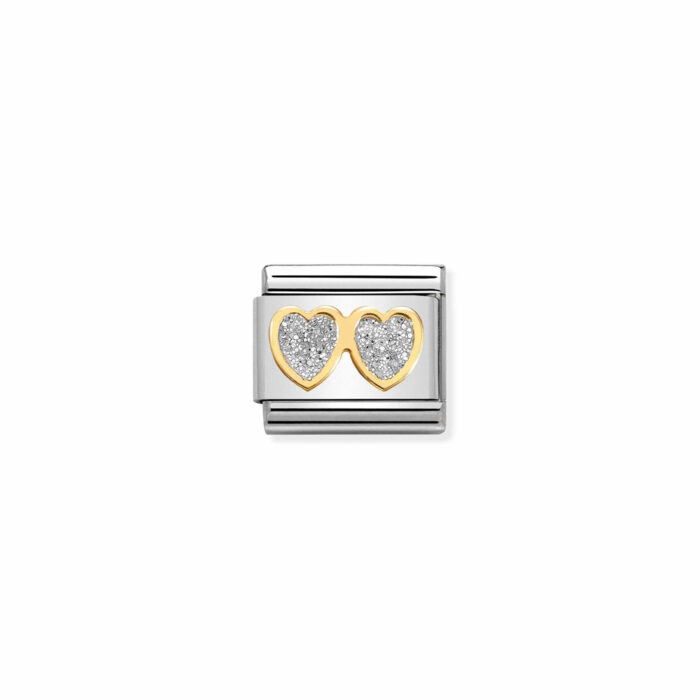 030220 01 01 Nomination - Composable Classic GLITTER SYMBOLS in steel, enamel and 18k gold Double SILVER hearts