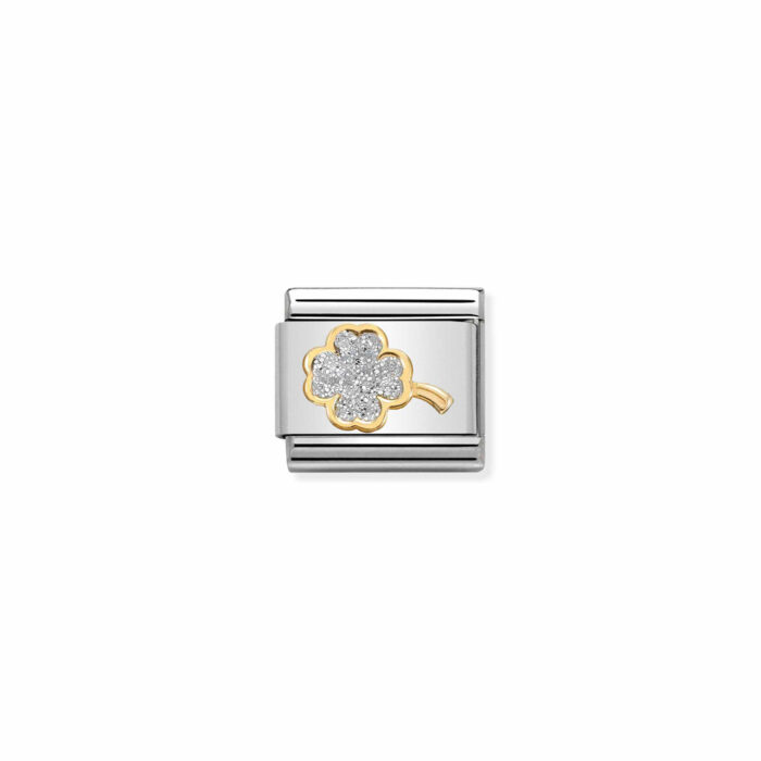 030220 03 01 Nomination - Composable Classic GLITTER SYMBOLS in steel, enamel and 18k gold SILVER four-leaf clover