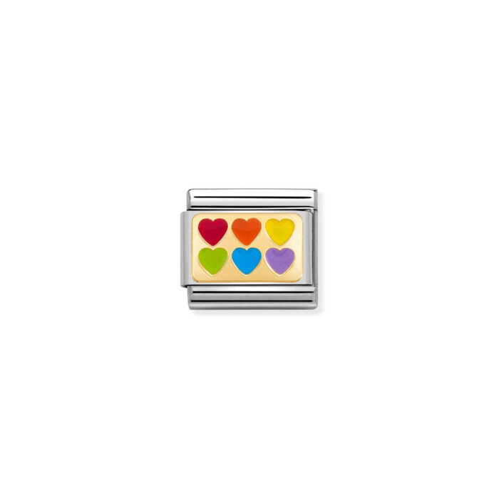 030263 22 01 Nomination - Composable Classic PLATES steel , enamel and 18k gold 6 Rainbow hearts