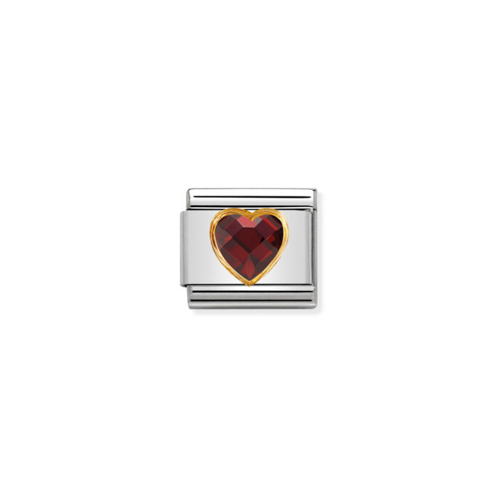 030610 005 01 Nomination - Composable Classic HEART FACETED CZ in steel and 18k gold RED Nomination - Composable Classic HEART FACETED CZ in steel and 18k gold RED