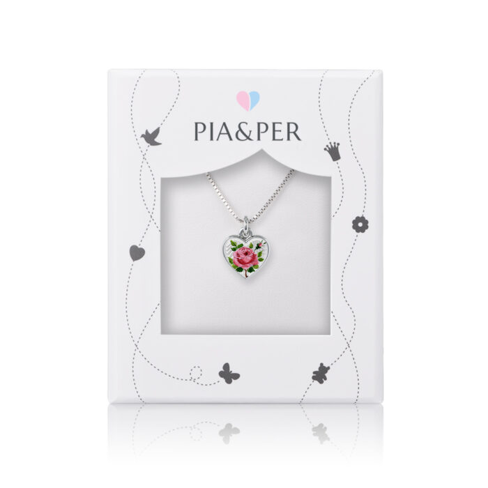 110710 2 Pia&Per - Hjerte halssmykke i sølv med håndmalt rosemotiv - Medium
