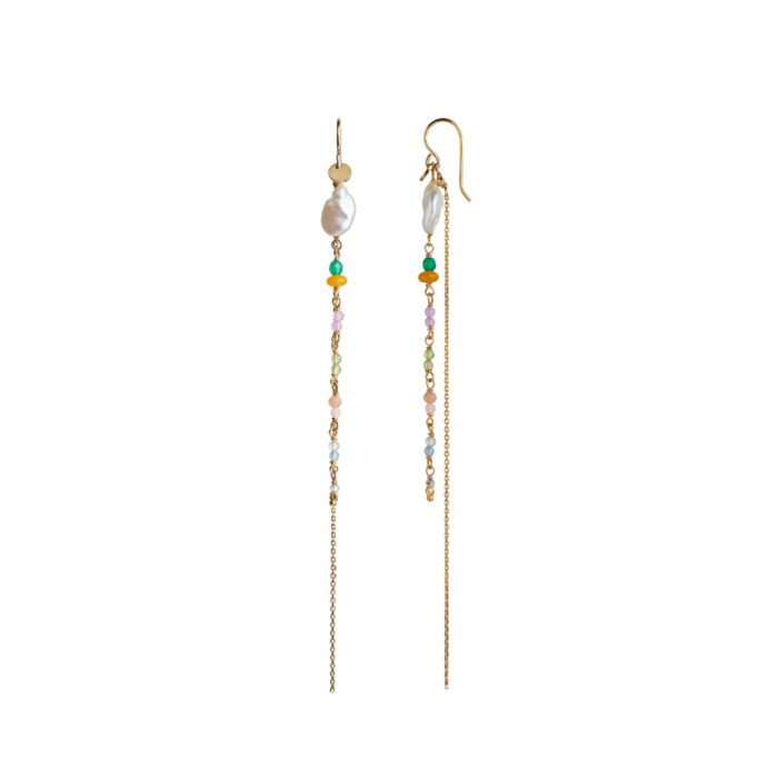 Stine A Jewelry - Petit Gemstones and Baroque Pearl Earring Gold with Long Chain - Sorbet Mix