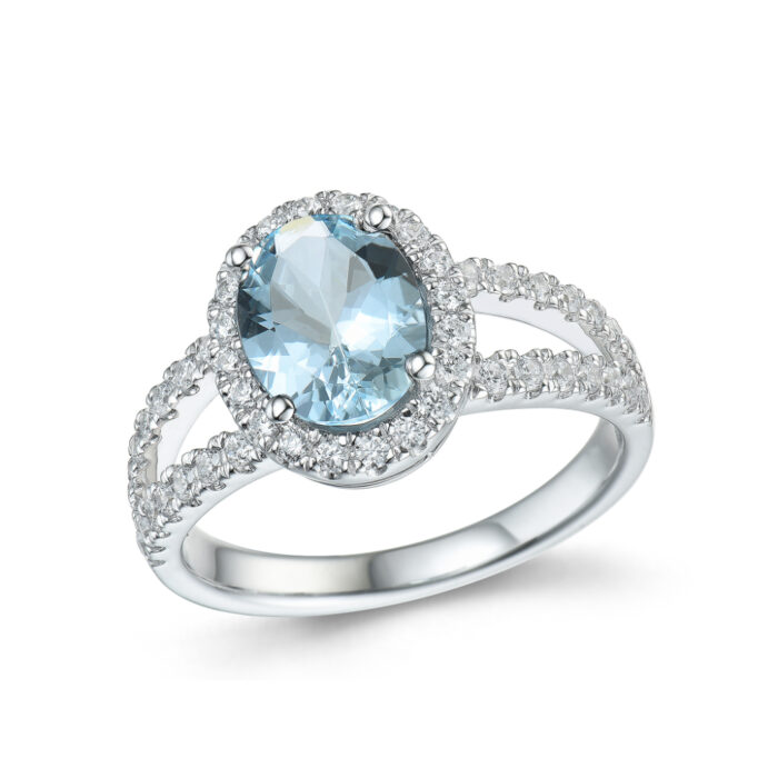 16.06960.G123.W 5 Diamonds by Frisenberg - Haloring (oval) i hvitt gull med London Blå Topas og diamanter