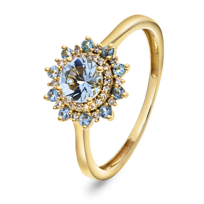 59634 PAN Jewelry - Ring i gult gull med aquamarin og diamanter