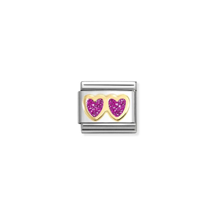 Nomination - Composable Classic GLITTER SYMBOLS in steel, enamel and 18k gold (13_FUCHSIA Double Heart)