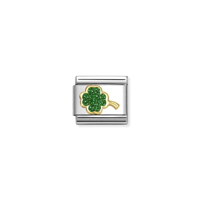 Nomination - Composable Classic GLITTER SYMBOLS in steel, enamel and 18k gold (18_GREEN four-leaf clover)