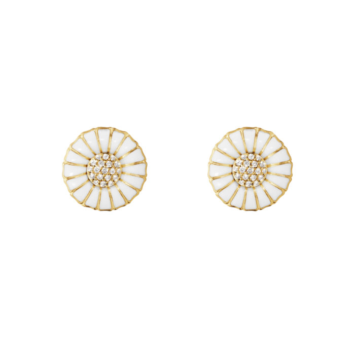 Georg Jensen - Daisy ørepynt i forgylt sølv med hvit emalje og 0,10ct pavè - 11 mm