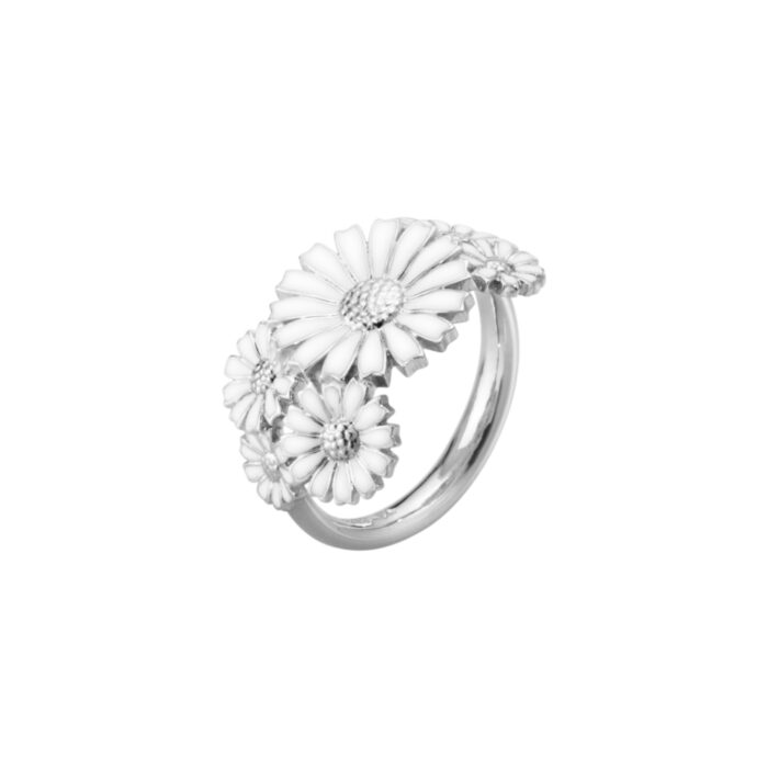 Georg Jensen - Daisy ring med lagvise blomster - Sølv med hvit emalje