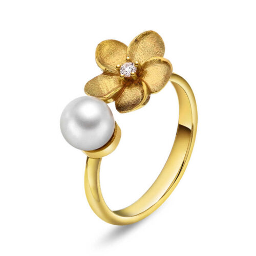 NC Christophersen - Blomster ring i 14k gult gull med diamant og ferskvannsperle