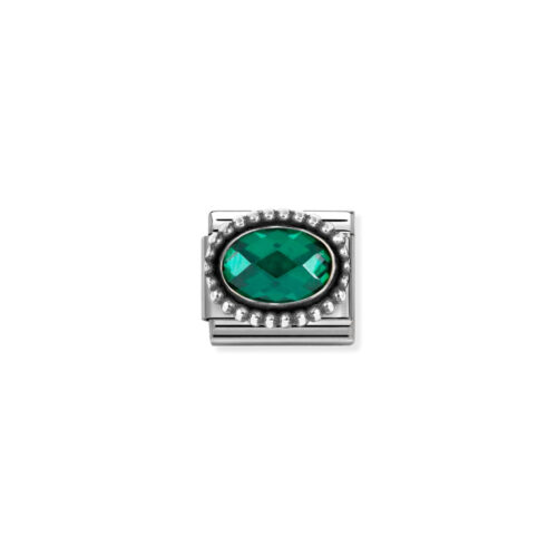 Nomination - Composable FACETED CZ, steel with OXIDIZED OVAL BEADED RICH SETTING 925 silver (027_EMERALD GREEN)