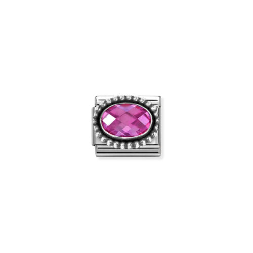 Nomination - Composable FACETED CZ, steel with OXIDIZED OVAL BEADED RICH SETTING 925 silver (030_FUCHSIA)