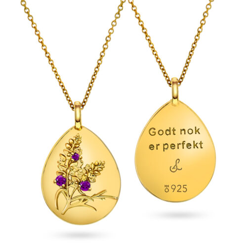 Sandra Lyng x Pan Jewelry - Amulett i forgylt sølv med Ametyst - "Godt nok er perfekt"
