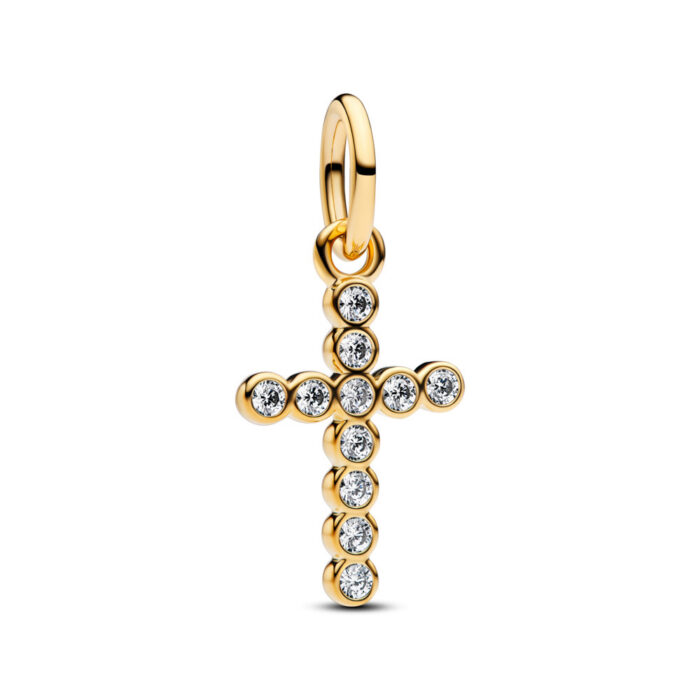 Pandora - Kors hengende charm med blanke stener - 14k forgylling