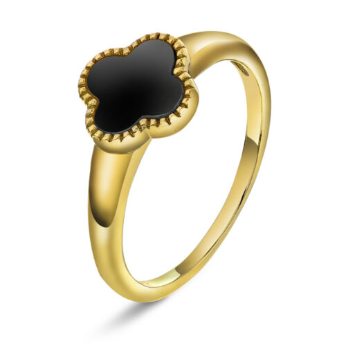 Pan Jewelry Trend - Kløver ring i forgylt sølv, sort agat