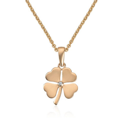 Espeland- Anheng i gult gull 585 med firkløver og Zirkonsten. NB: uten kjede. 