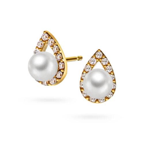 Pan Jewelry - Ørepynt i 14k gult gull med ferskvannsperle og Zirkoner