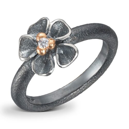 Van Bergen - Oksydert sølvring med gulldetaljer og diamant - Flôra kolleksjonen