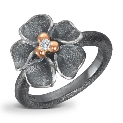 Van Bergen - Oksydert sølvring med gulldetaljer og diamant - Flôra kolleksjonen