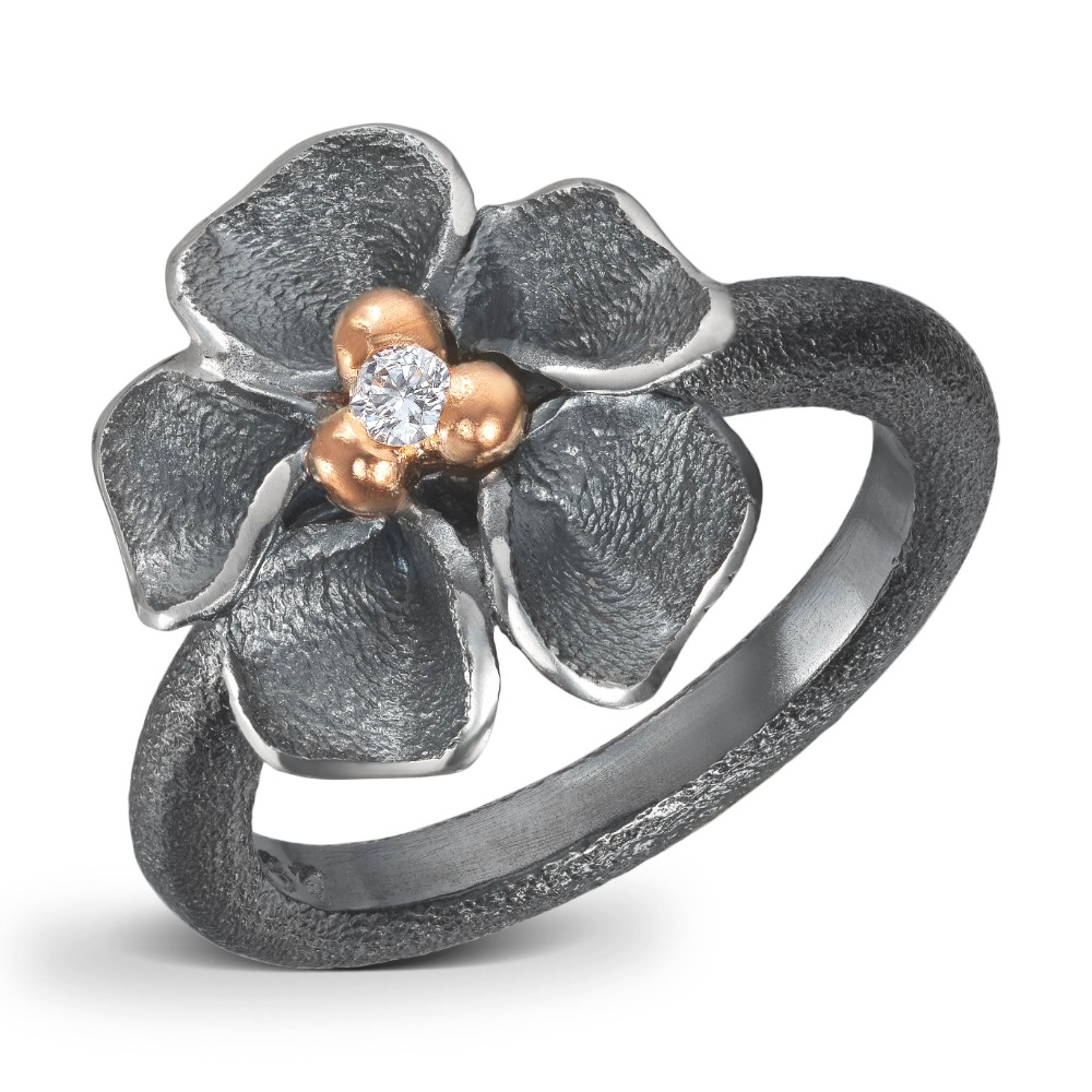 Van Bergen - Oksydert sølvring med gulldetaljer og diamant - Flôra kolleksjonen