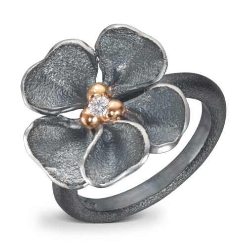 Van Bergen - Oksydert sølvring med gulldetaljer og diamant - Flôra kolleksjonen