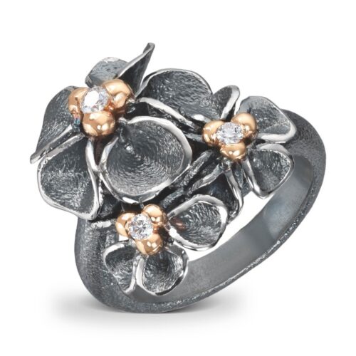 Van Bergen - Oksydert sølvring med gulldetaljer og diamant - Flôra kolleksjonen