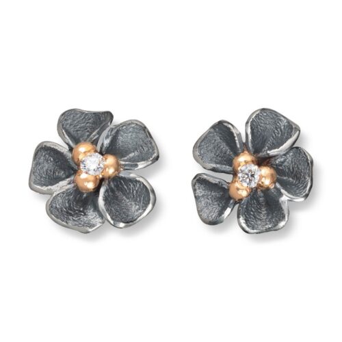 Van Bergen - Oksydert sølv ørepynt med gulldetaljer og diamanter - Flôra kolleksjonen