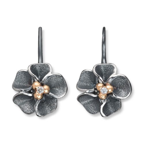 Van Bergen - Oksydert sølv ørepynt med bøyle med gulldetaljer og diamanter - Flôra kolleksjonen