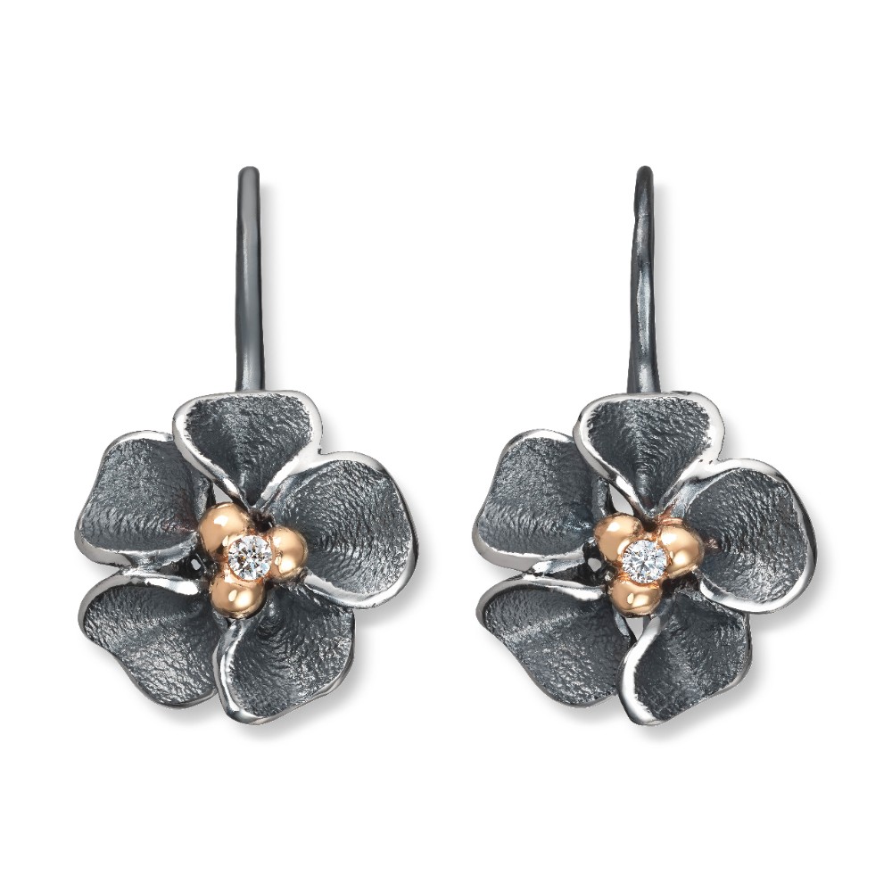 Van Bergen - Oksydert sølv ørepynt med bøyle med gulldetaljer og diamanter - Flôra kolleksjonen