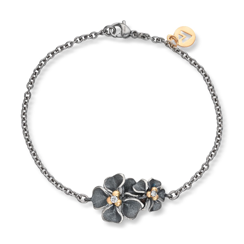 Van Bergen - Armbånd i stål med sølv blomst med diamant og gulldetaljer - Flôra kolleksjonen
