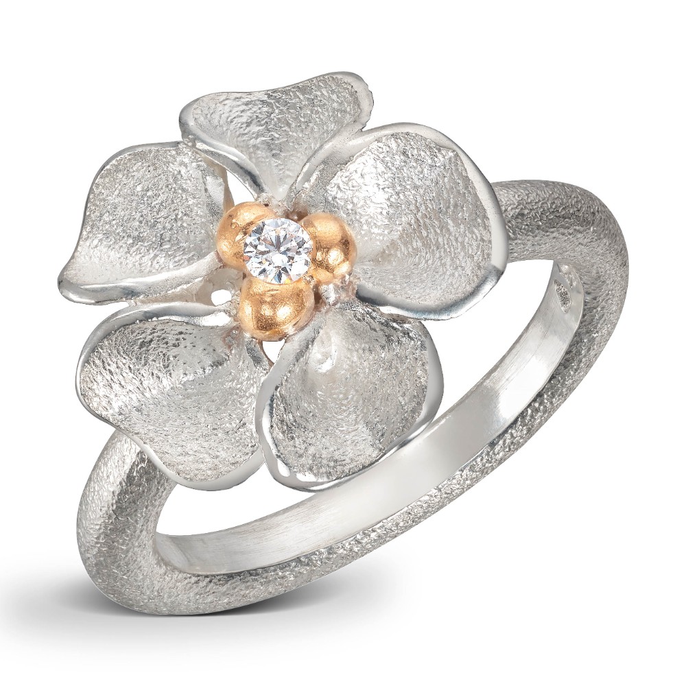 Van Bergen - Sølvring med gulldetaljer og diamant - Flôra kolleksjonen