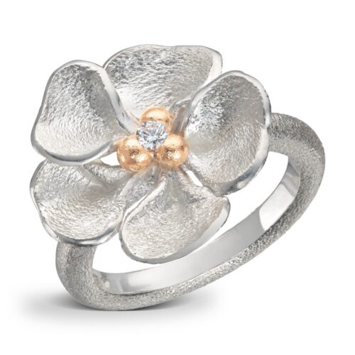 Van Bergen - Sølvring med gulldetaljer og diamant - Flôra kolleksjonen