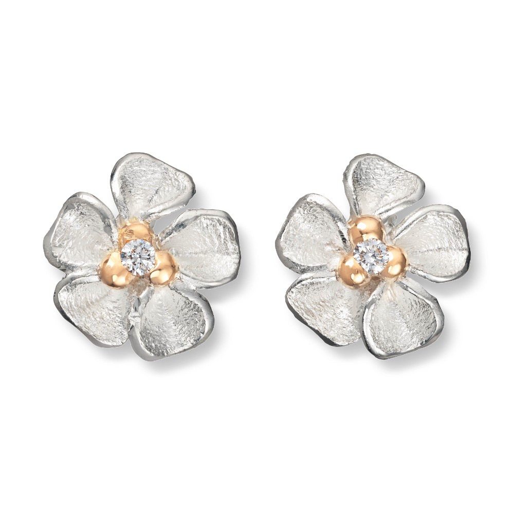 Van Bergen -Sølv ørepynt på stift med gulldetaljer og diamanter - Flôra kolleksjonen