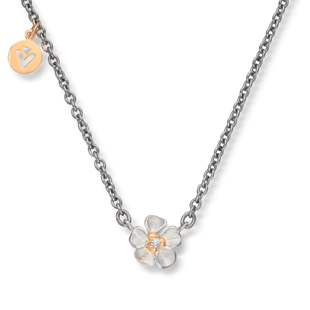 Van Bergen - Anheng i sølv med diamant med gult gull detaljer og stålkjede - Flôra kolleksjonen