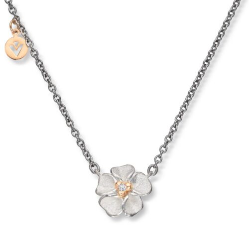Van Bergen - Anheng i sølv med diamant med gult gull detaljer og stålkjede - Flôra kolleksjonen