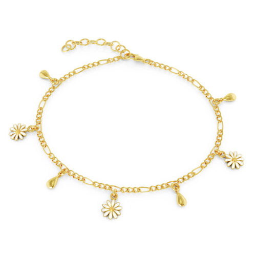 Liv - Figaroarmbånd i forgylt sølv med hvite prestekrager i glassemalje og forgylte dråper