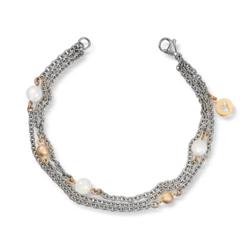 Van Bergen - Armbånd i stål, tre rader med hvit månesten og gullkuler - Golden