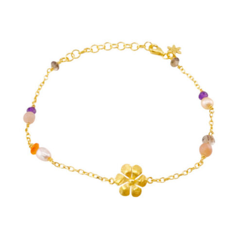 Susanne Friis Bjørner - Armbånd i forgylt sølv med ametyst, karneol, ferskvannsperle, fersken månesten, røykkvarts og blomst