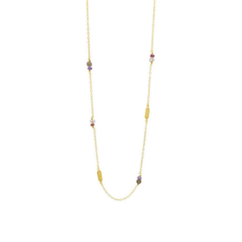 Susanne Friis Bjørner - Halssmykke i forgylt sølv med ametyst, granat, naturlig ferskvannsperle og røyk kvarts og små rektangulære linker