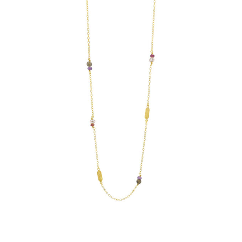 Susanne Friis Bjørner - Halssmykke i forgylt sølv med ametyst, granat, naturlig ferskvannsperle og røyk kvarts og små rektangulære linker Susanne Friis Bjørner - Halssmykke i forgylt sølv med ametyst, granat, naturlig ferskvannsperle og røyk kvarts og små rektangulære linker