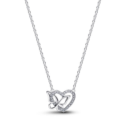 Pandora - Halssmykke med Sammenflettet Hjerte og Sommerfugl Anheng i sølv og cubic zirkonia