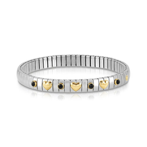 Nomination - Extension Stretch Bracelet with 3 Gold Hearts and Stones, Black Agate