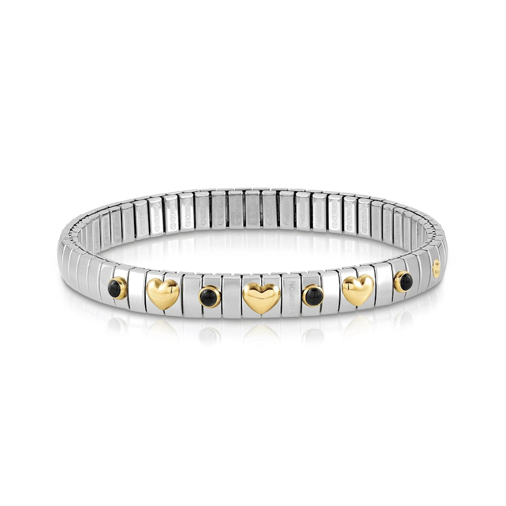 Nomination - Extension Stretch Bracelet with 3 Gold Hearts and Stones, Black Agate Nomination - Extension Stretch Bracelet with 3 Gold Hearts and Stones, Black Agate