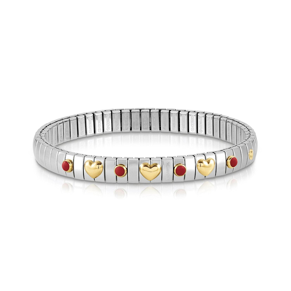 Nomination - Extension Stretch Bracelet with 3 Gold Hearts and Stones, Coral Nomination - Extension Stretch Bracelet with 3 Gold Hearts and Stones, Coral