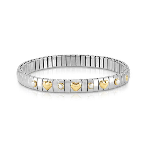 Nomination - Extension Stretch Bracelet with 3 Gold Hearts and Stones, White Pearl