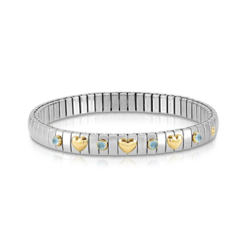 Nomination - Extension Stretch Bracelet with 3 Gold Hearts and Stones, Light Blue Topaz