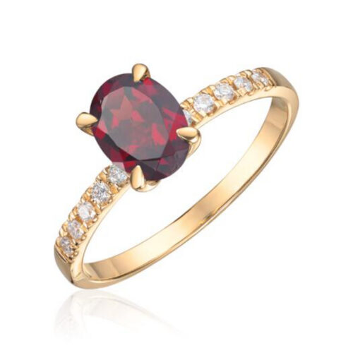 Espeland - Ring i gult gull med 0,12ct WSI og Granat oval midtstein