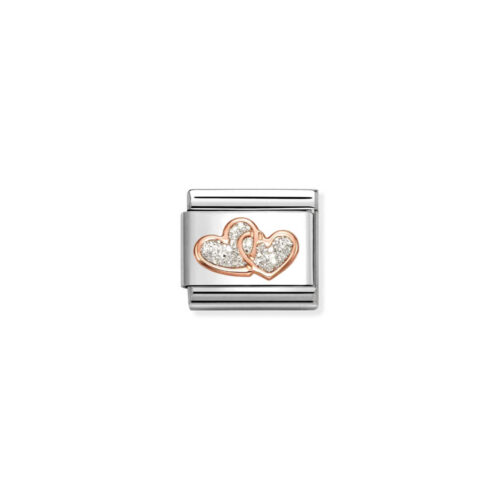 Nomination – Composable™ Classic GLITTER SYMBOLS stainless steel, enamel and 9k rosegold Double SILVER hearts