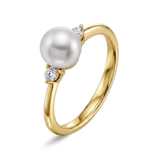 EC - Ring i gult gull 14k med diamanter 0,10 ct og ferskvannsperle